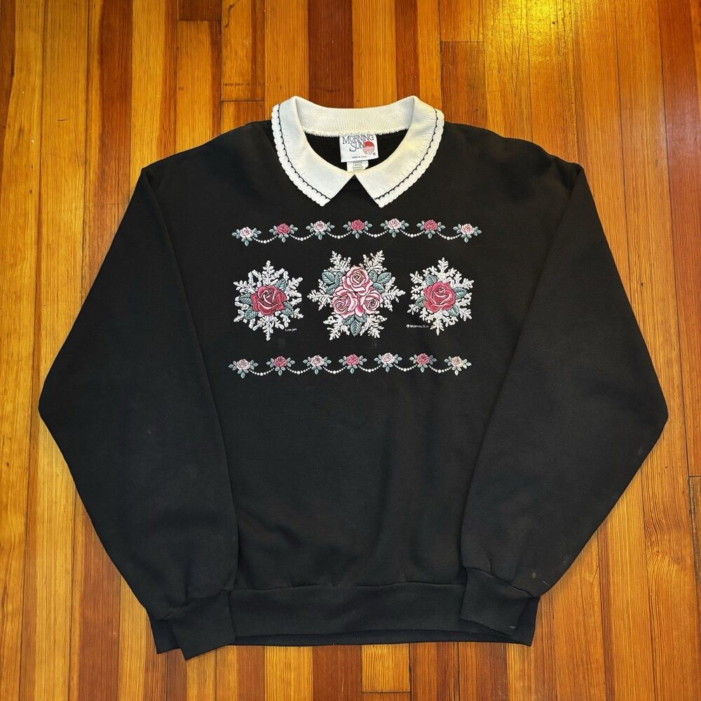 VTG 90s L Morning Sun Top Collared Rose Floral Multicolor Sweatshirt Grandmacore
